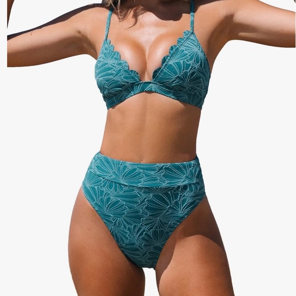 CUPSHE Bikini High Waisted Scalloped V Neck Two Pieces Swimsuit - Picture 2 of 6